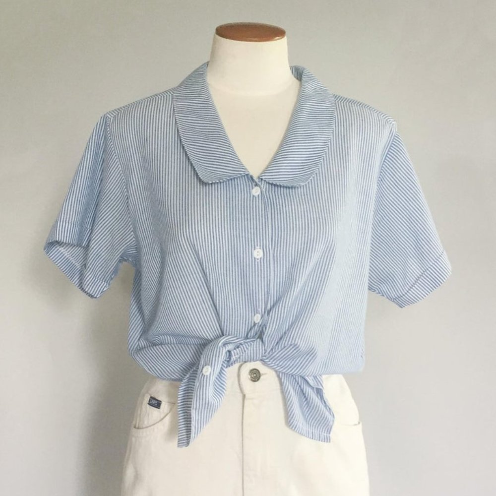 blue & white stripe cotton blouse MEDIUM